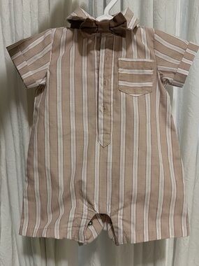 Striped Beige & White Baby Romper with Bow